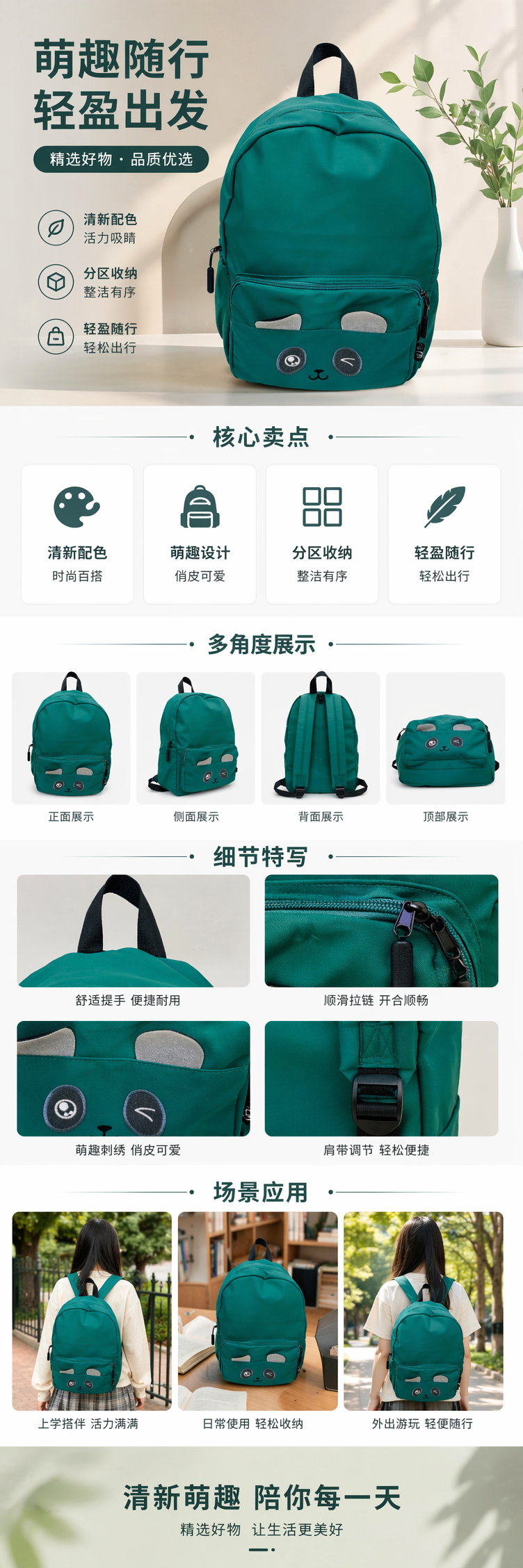 绿色卡通熊猫儿童双肩背包 时尚可爱轻便耐磨 pic 1