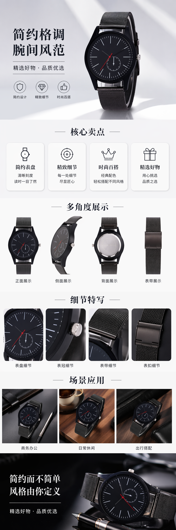 黑色表盘金属网状表带手表 pic 1