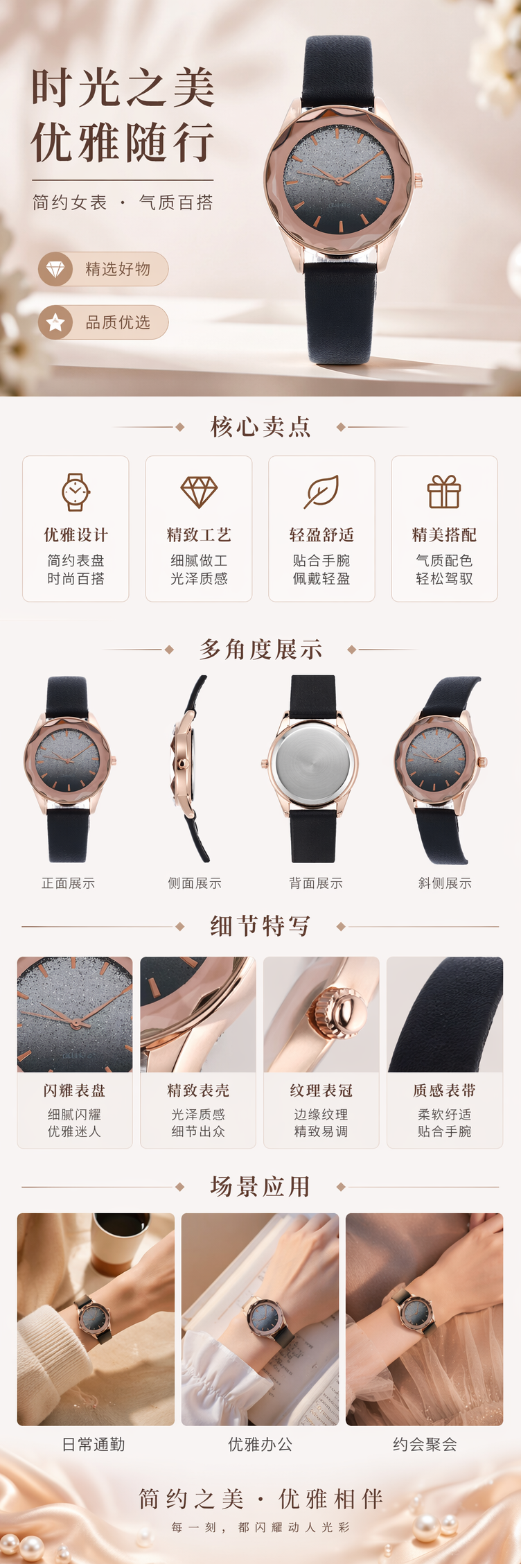 玫瑰金表壳黑色皮质表带灰色渐变闪粉表盘手表 pic 1