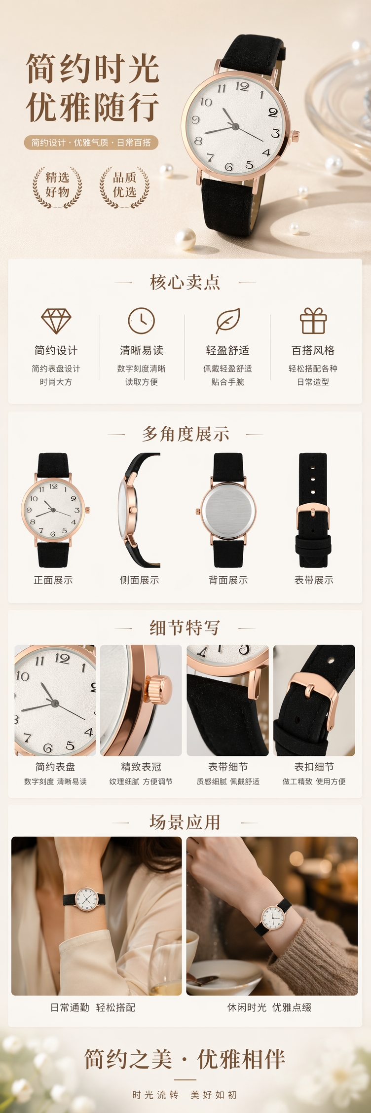 玫瑰金表壳黑色绒面表带白色表盘女士手表 pic 1