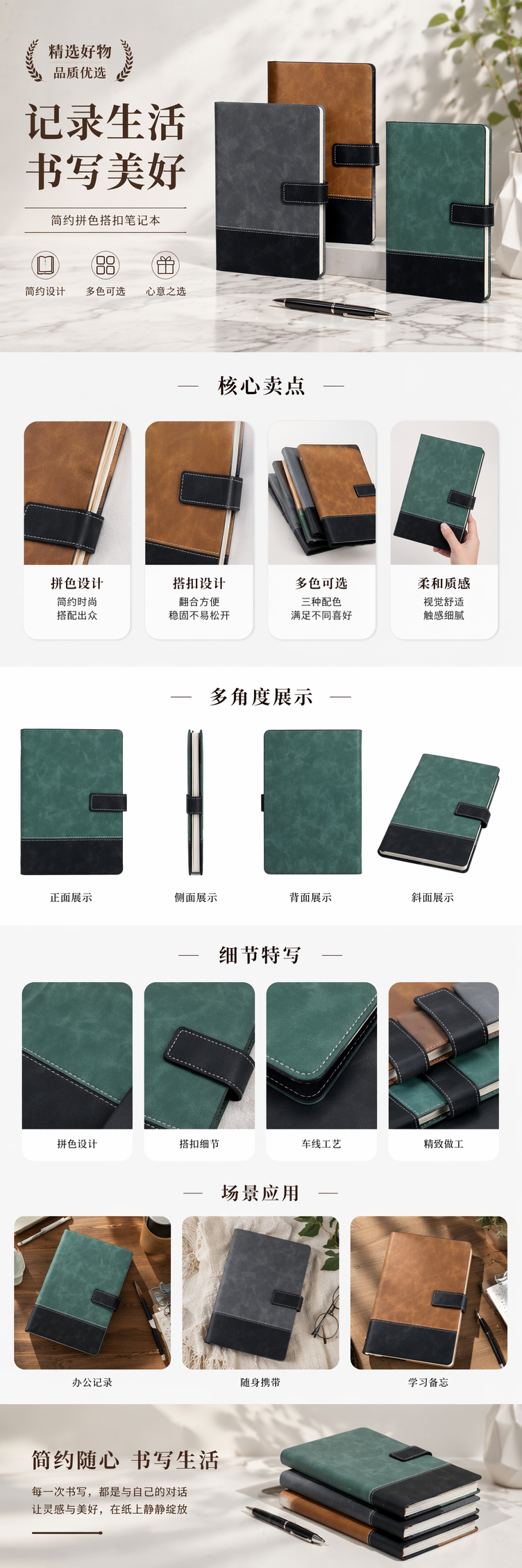 三本拼色皮质笔记本简约商务手账本A5尺寸详情1