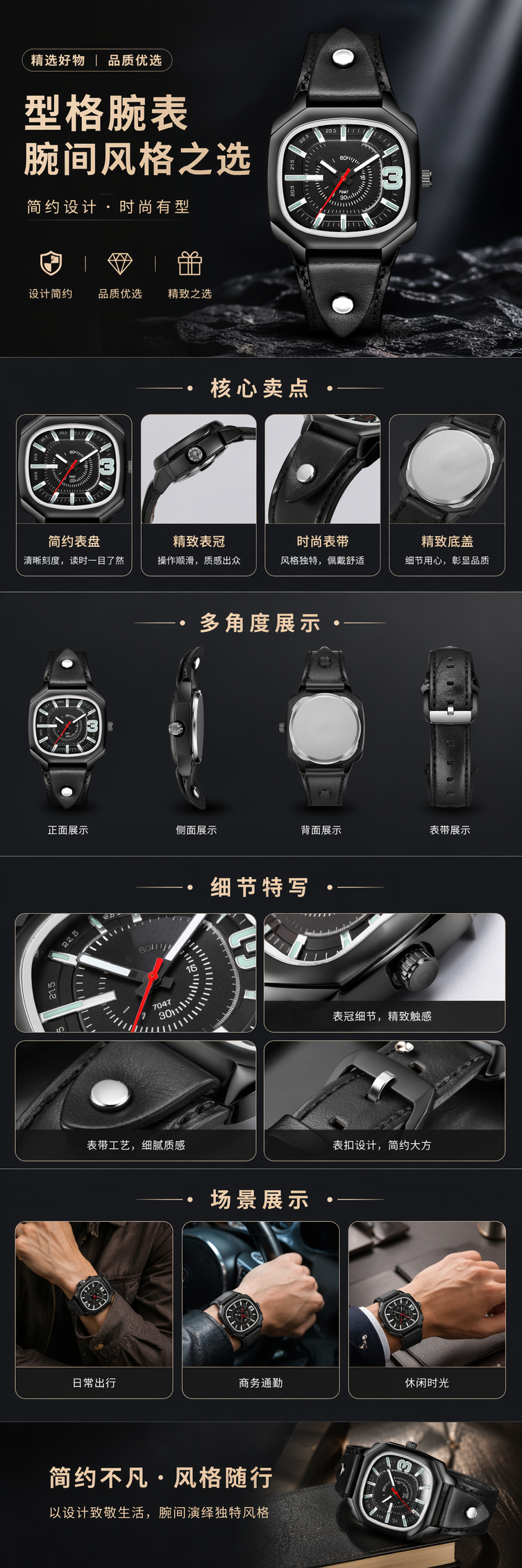 黑色方形表盘男士石英手表 防水简约时尚商务休闲详情1