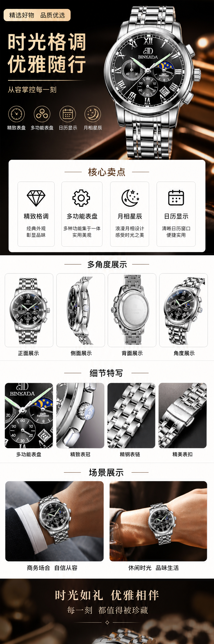 银色金属手表黑色表盘月相显示罗马数字刻度 pic 1