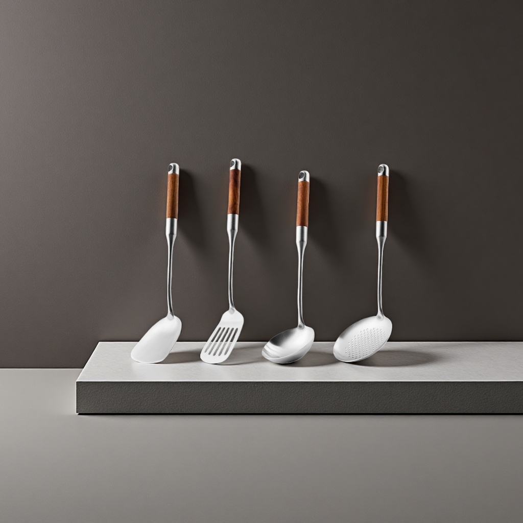 A four-piece set of stainless steel kitchenware with wooden handles, including a wok, spatula, strainer and soup spoon for household use