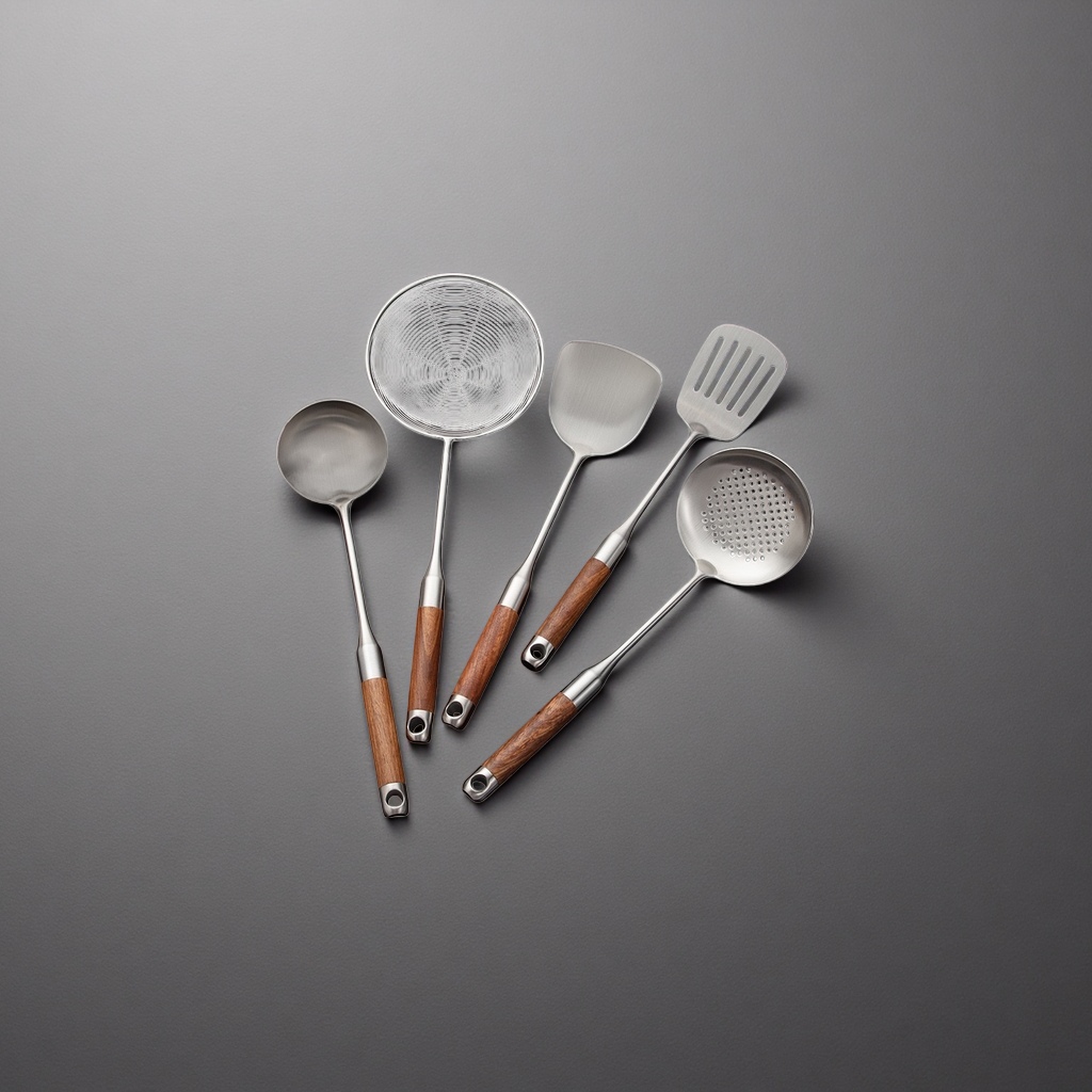 Stainless steel kitchenware set with strainer, soup spoon, spatula, wooden handle, black countertop, broccoli, mushrooms and garlic Specification image