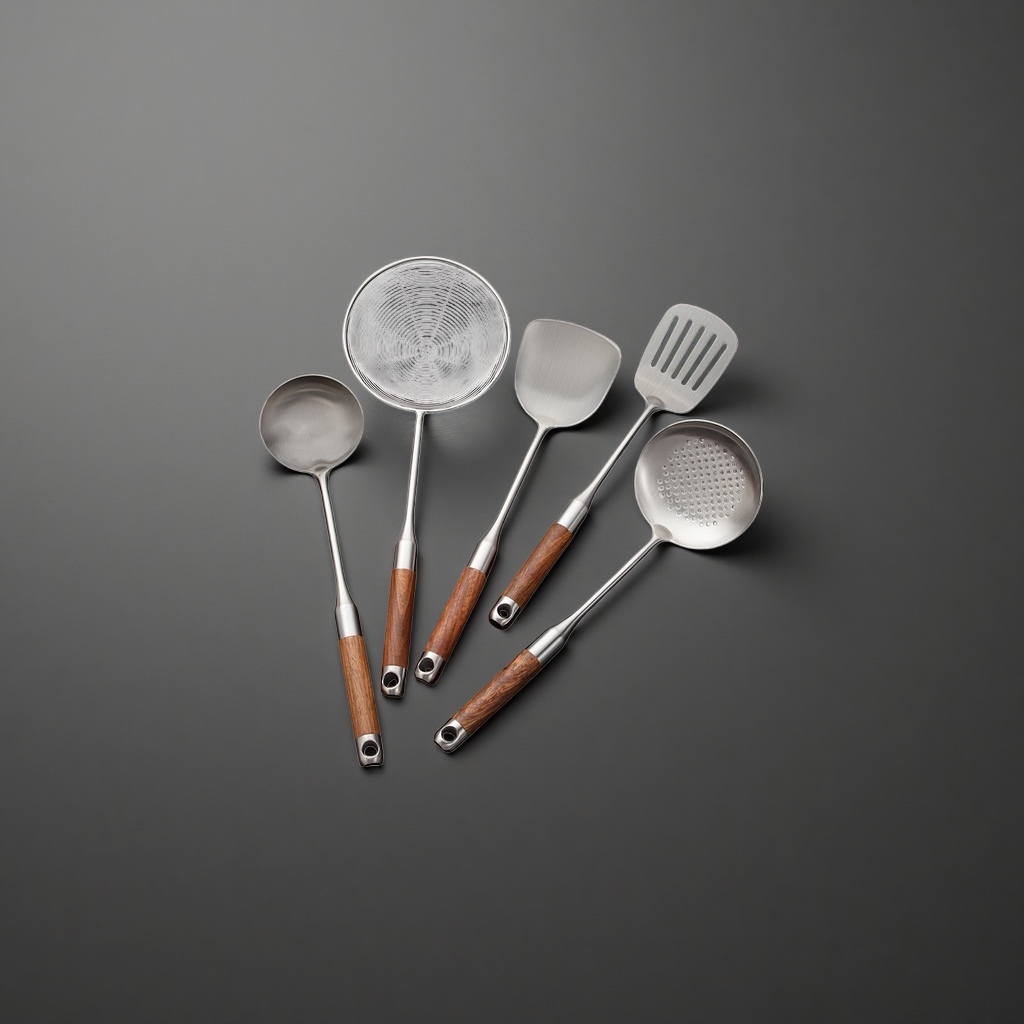 Stainless steel kitchenware set with strainer, soup spoon, spatula, wooden handle, black countertop, broccoli, mushrooms and garlic Application Scenario