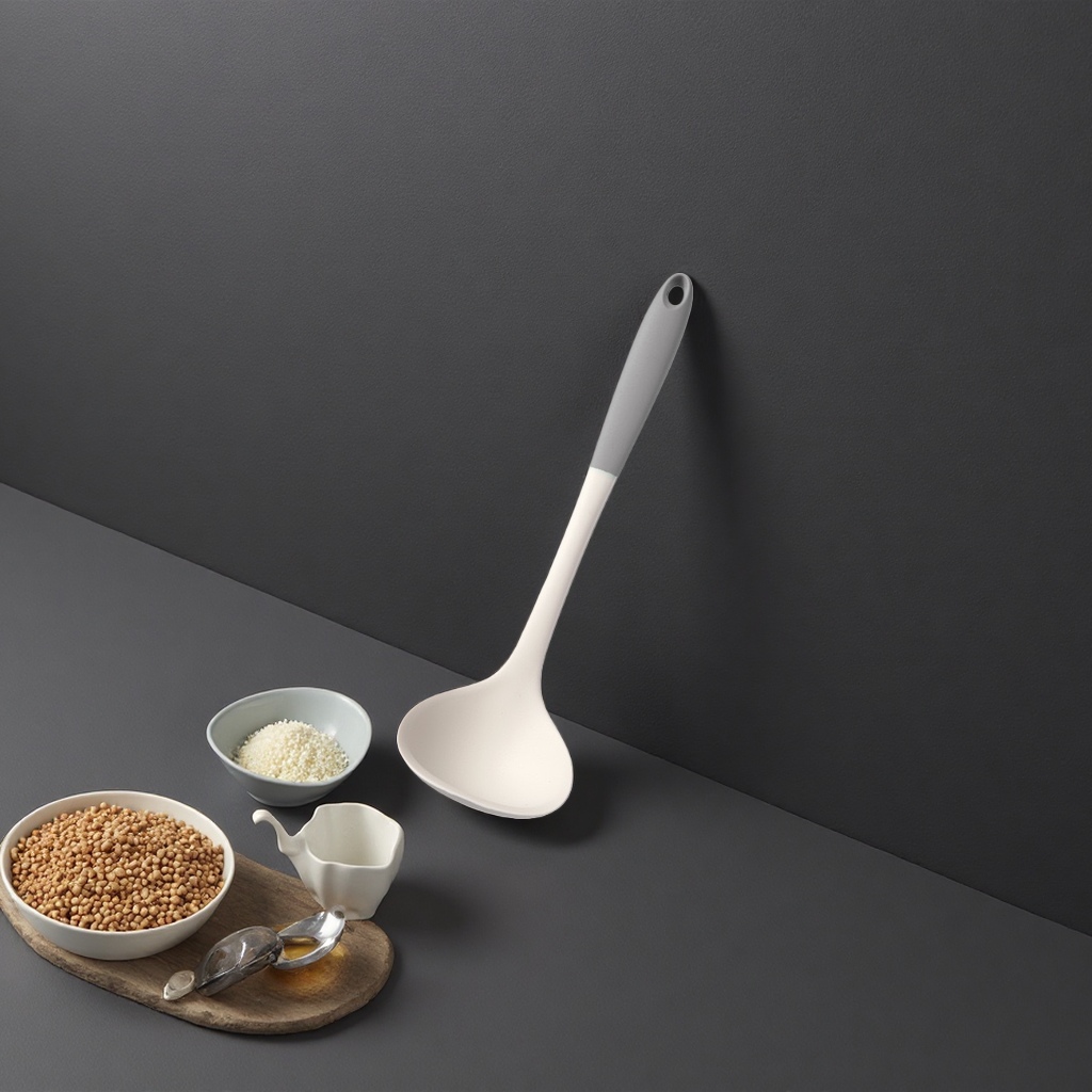 Grey handle, white silicone soup spoon, kitchen household, long-handled heat-resistant and scald resistant spoon details Picture