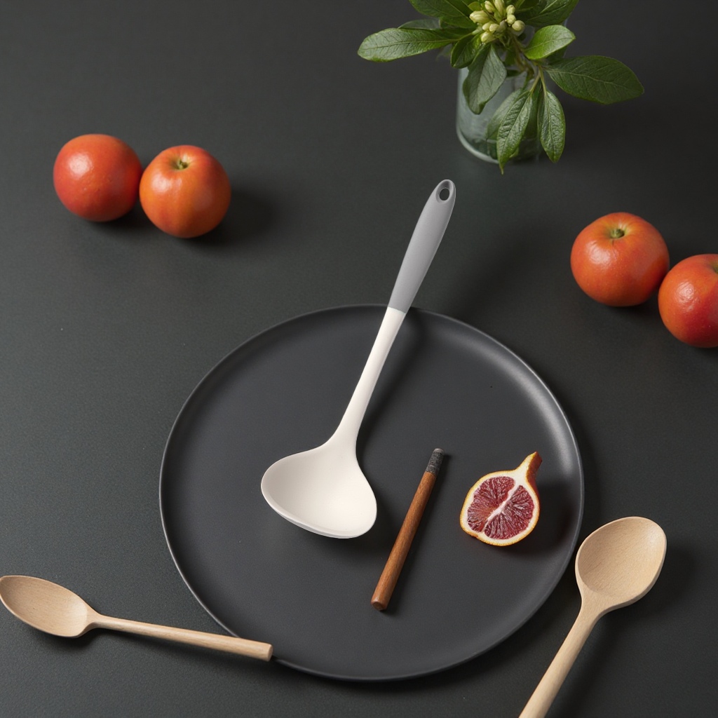Grey handle, white silicone soup spoon, kitchen household, long-handled heat-resistant and scald resistant spoon Specification image