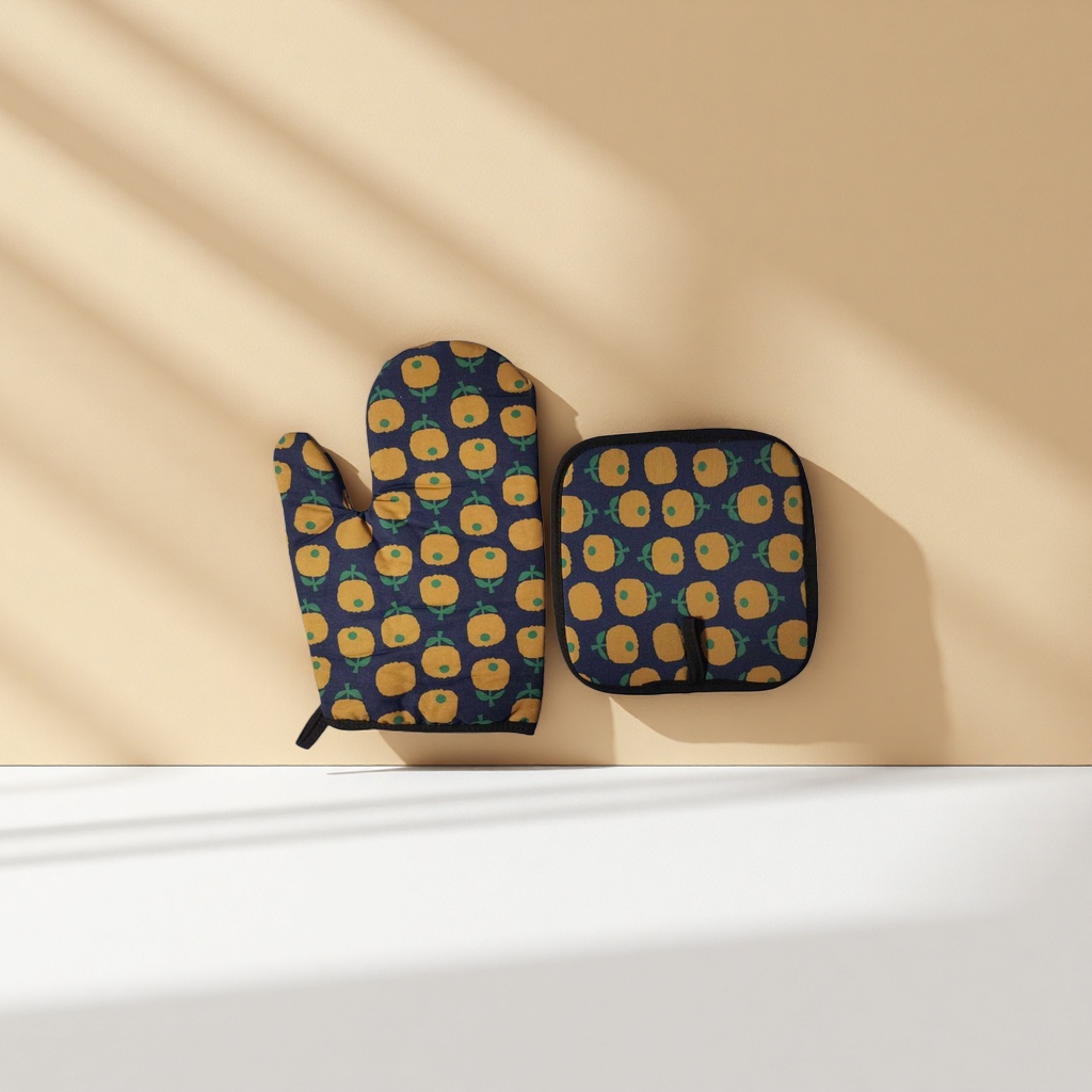 Deep blue background with orange fruit pattern heat-resistant gloves and heat-resistant pads Specification image