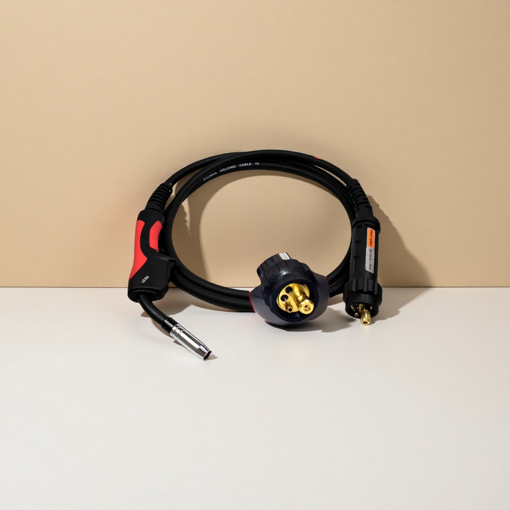 Black welding torch cable with red and black handles and golden interfaces Application Scenario