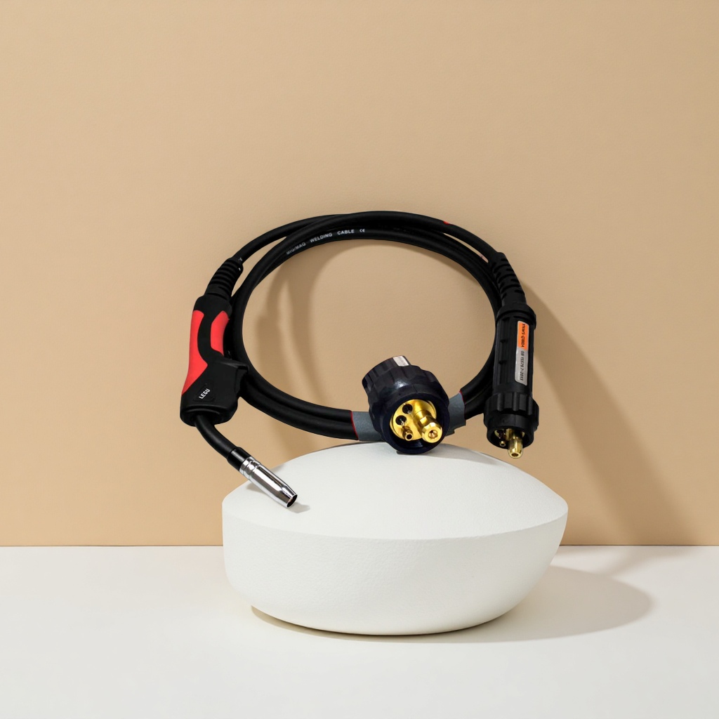 Black welding torch cable with red and black handles and golden interfaces details Picture