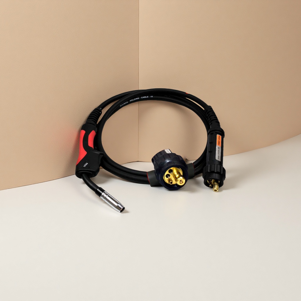 Black welding torch cable with red and black handles and golden interfaces