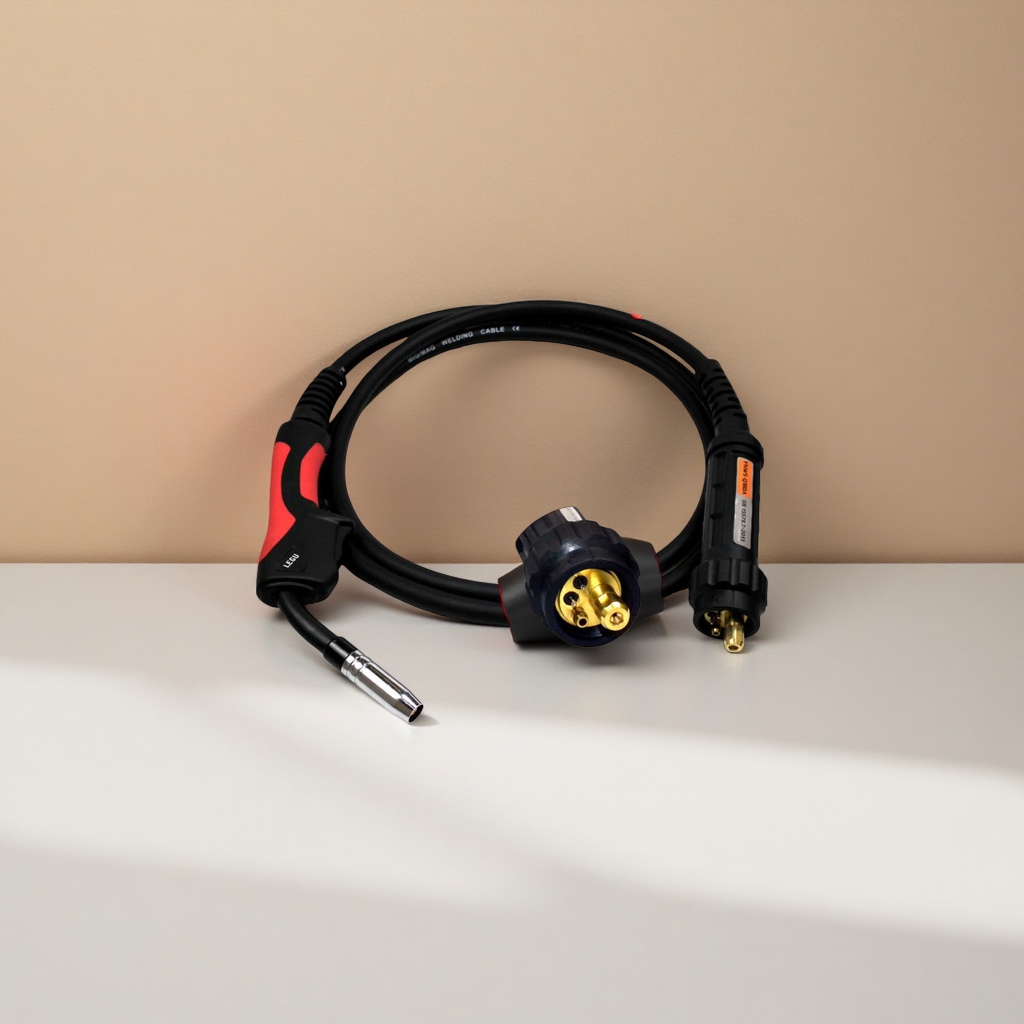 Black welding torch cable with red and black handles and golden interfaces Specification image