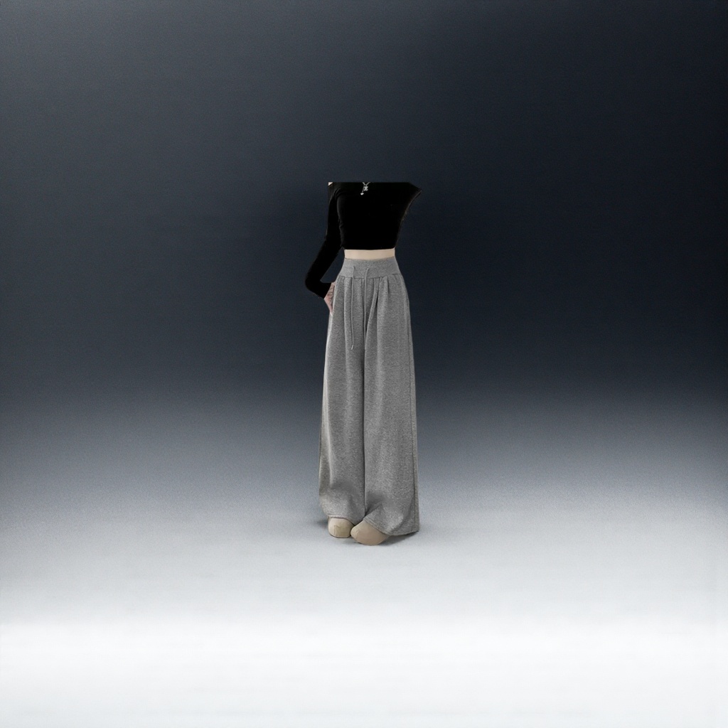 Light grey high-waisted wide-leg pants, the same style of flowing and slimming casual trousers for female models