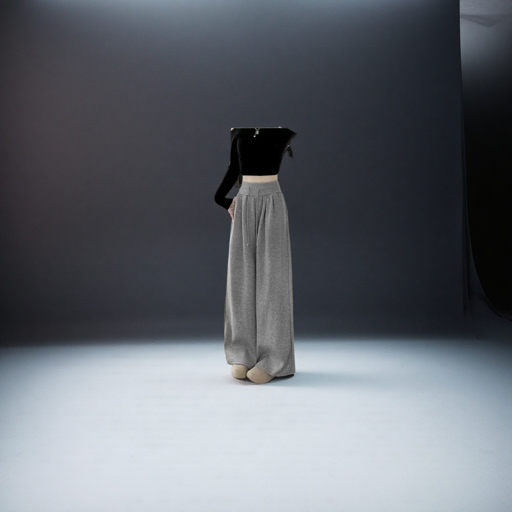 Light grey high-waisted wide-leg pants, the same style of flowing and slimming casual trousers for female models details Picture