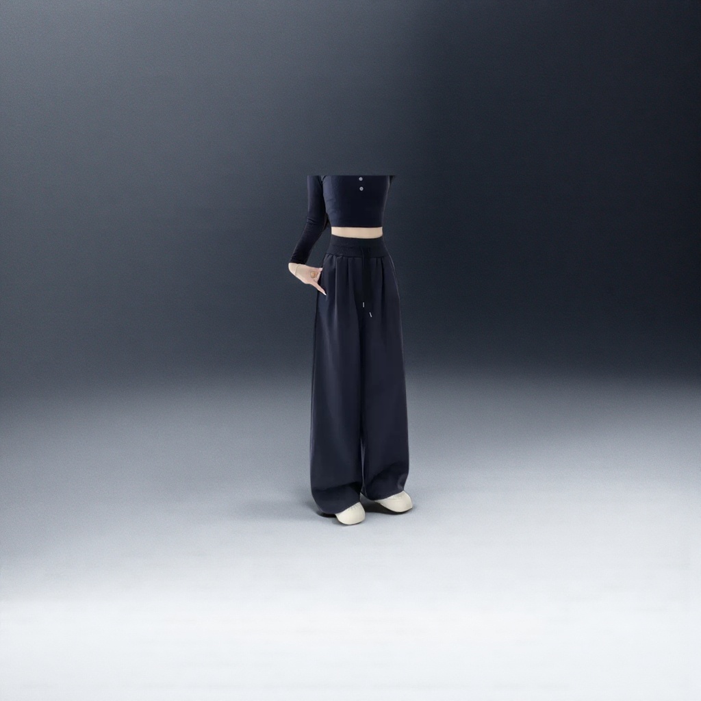 Navy blue wide-leg pants for women, with a high waist and a slimming effect, are the same style for models
