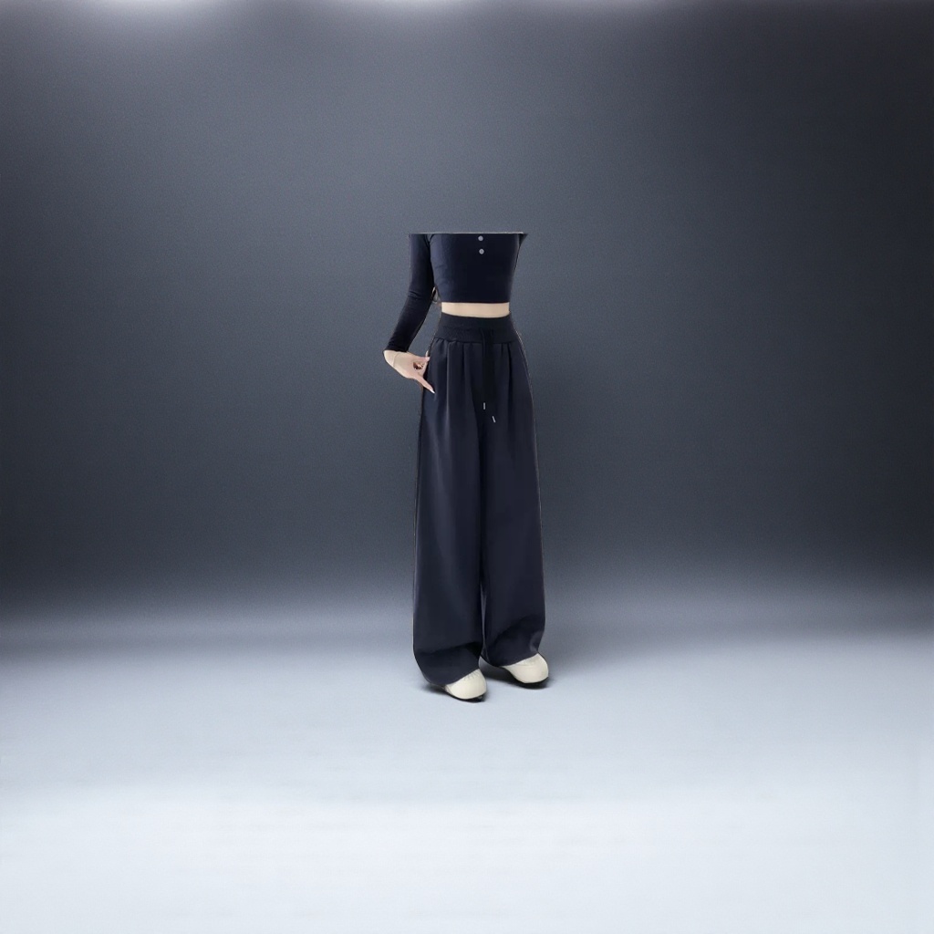 Navy blue wide-leg pants for women, with a high waist and a slimming effect, are the same style for models Application Scenario