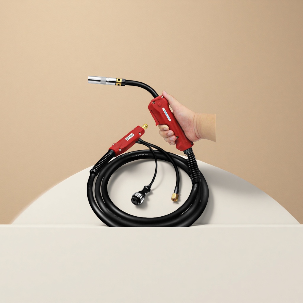 Red welding torch with black cable, specially designed for handheld operation details Picture
