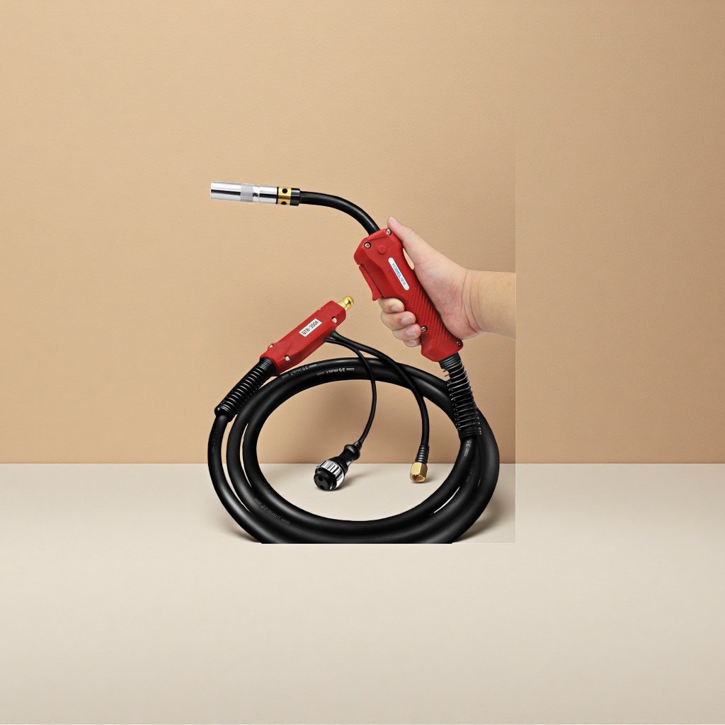 Red welding torch with black cable, specially designed for handheld operation Application Scenario