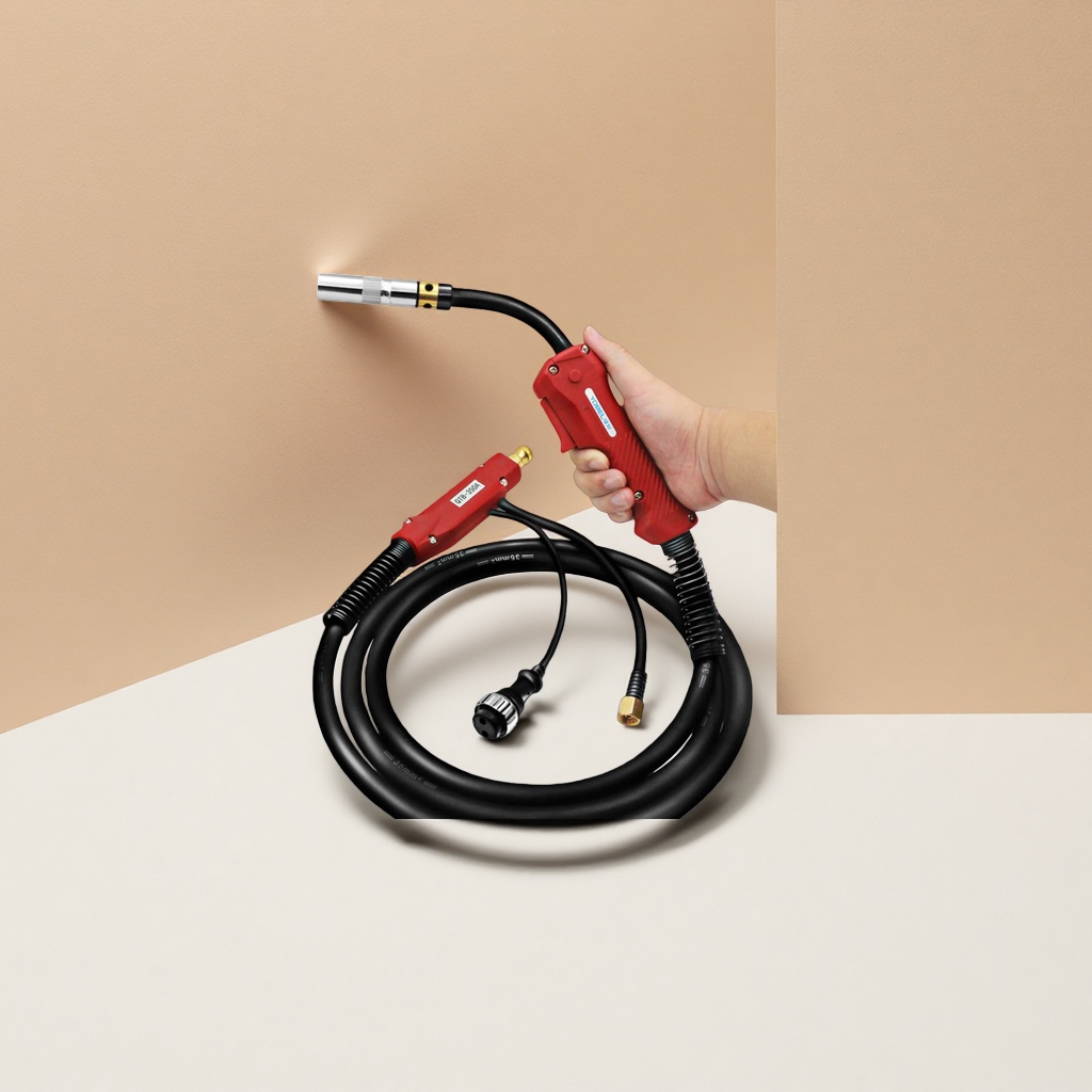 Red welding torch with black cable, specially designed for handheld operation