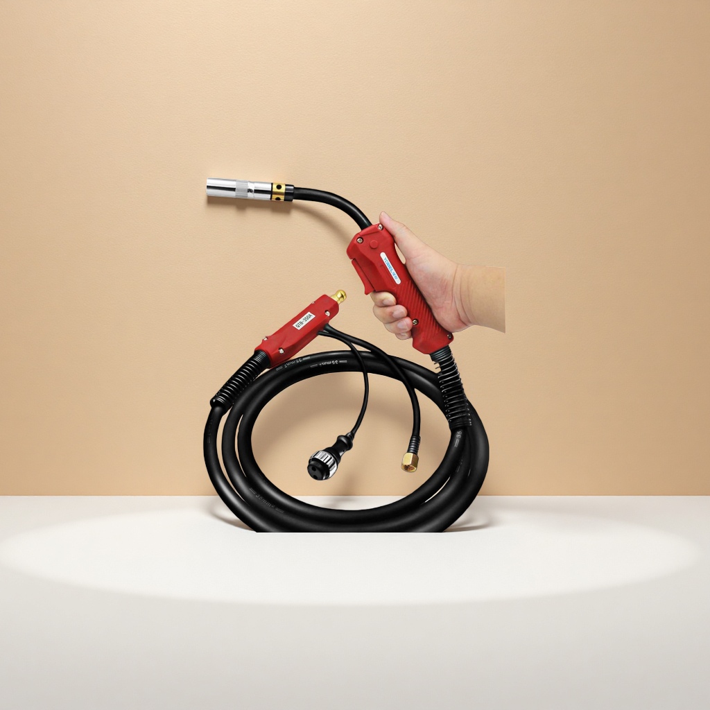 Red welding torch with black cable, specially designed for handheld operation Specification image