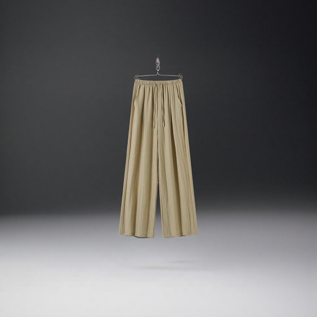 Beige high-waisted wide-leg pants with a slimming feel, casual 9-inch pants for women details Picture