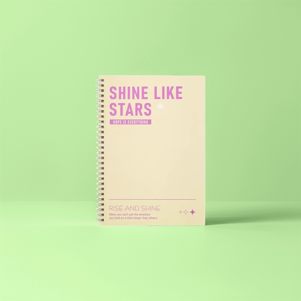 米黄色螺旋装订笔记本 封面紫字SHINE LIKE STARS HOPE IS EVERYTHING RISE AND 图