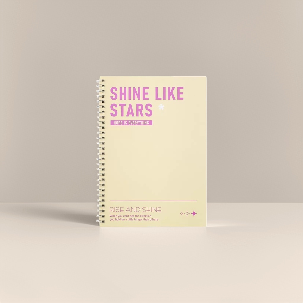 米黄色螺旋装订笔记本 封面紫字SHINE LIKE STARS HOPE IS EVERYTHING RISE AND 细节图
