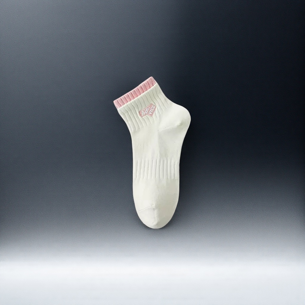 White socks, pink ribbed pure cotton mid-calf socks, unisex, comfortable and breathable