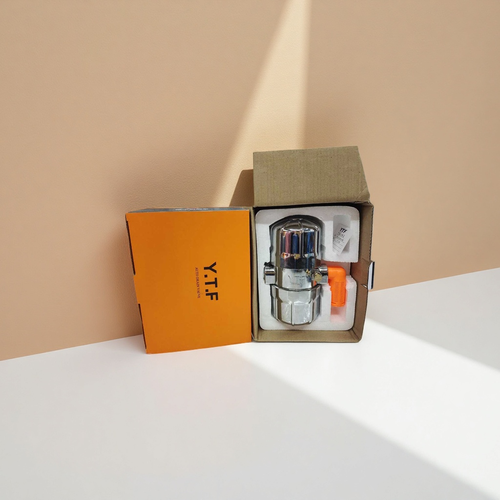 Silver metal automatic drain valve in orange packaging box Specification image