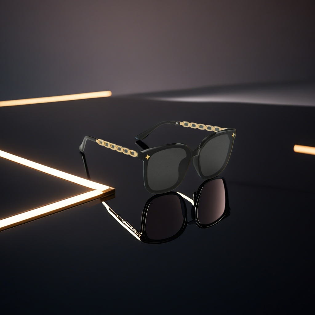 Black cat-eye sunglasses with golden chain star-shaped decorative temples