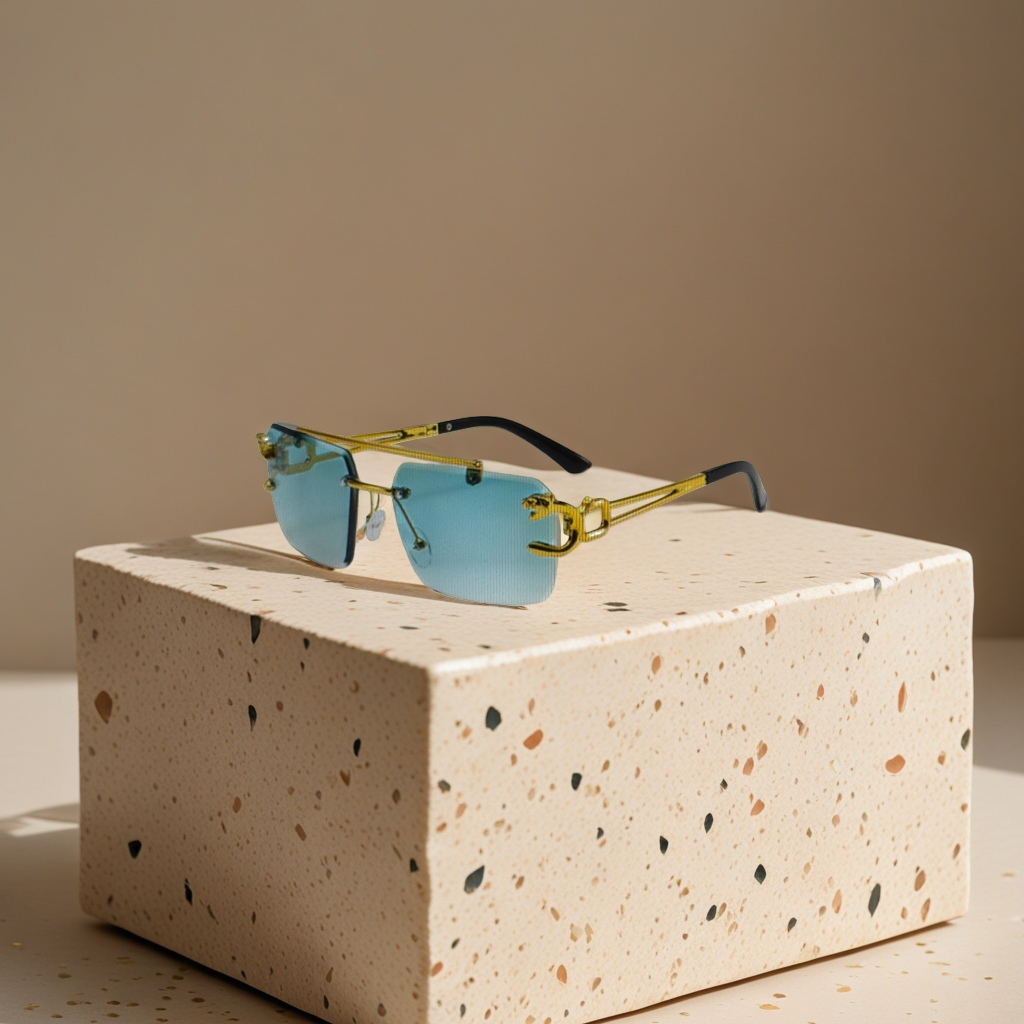 Golden leopard head double-beam frameless sunglasses, fashionable polarized sunglasses, unisex details Picture