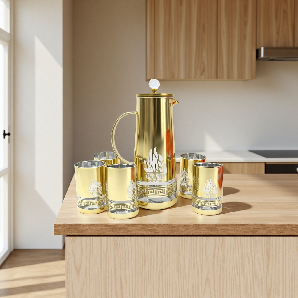 طقم شاي ذهبي مع زر الكريستال مع ستة أكواب Specification image