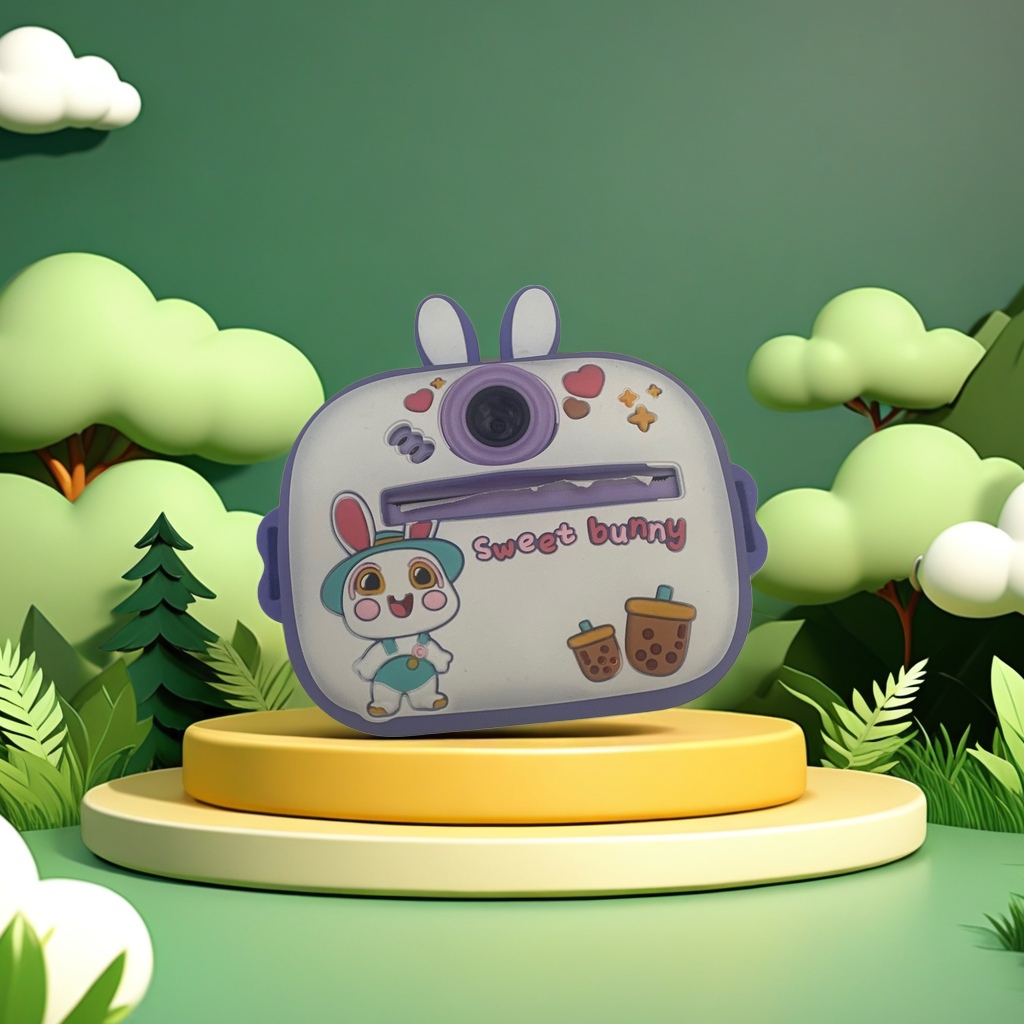 A camera with a purple frame, a white body and a cartoon rabbit shape details Picture