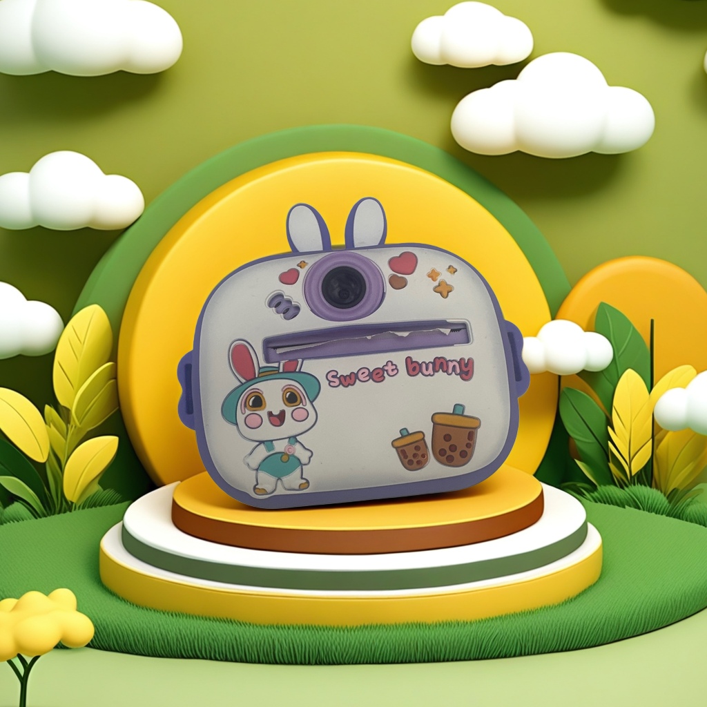 A camera with a purple frame, a white body and a cartoon rabbit shape Application Scenario