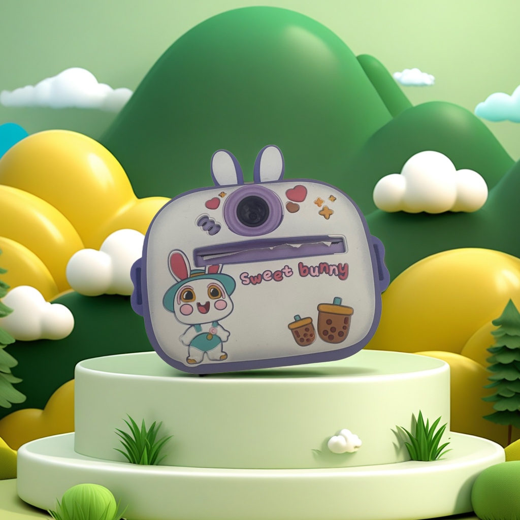 A camera with a purple frame, a white body and a cartoon rabbit shape Specification image