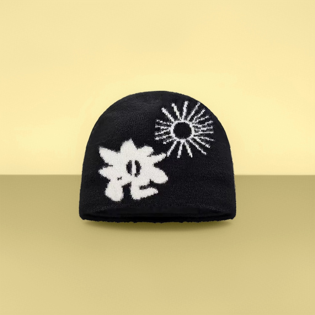 黑色针织帽女款花卉太阳图案保暖休闲帽