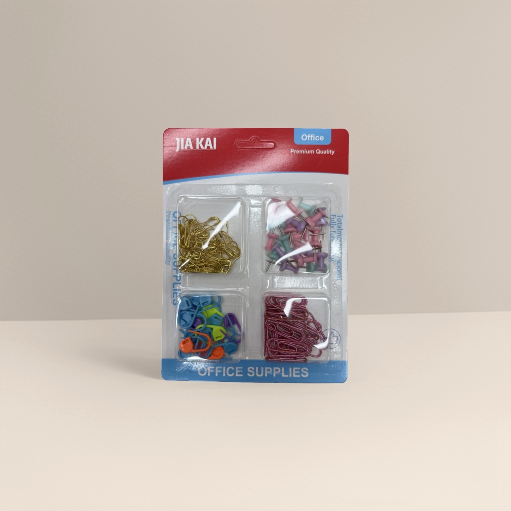 Colorful office supplies set, thumbtacks, paper clips, safety pins, plastic clips, multi-functional and practical details Picture
