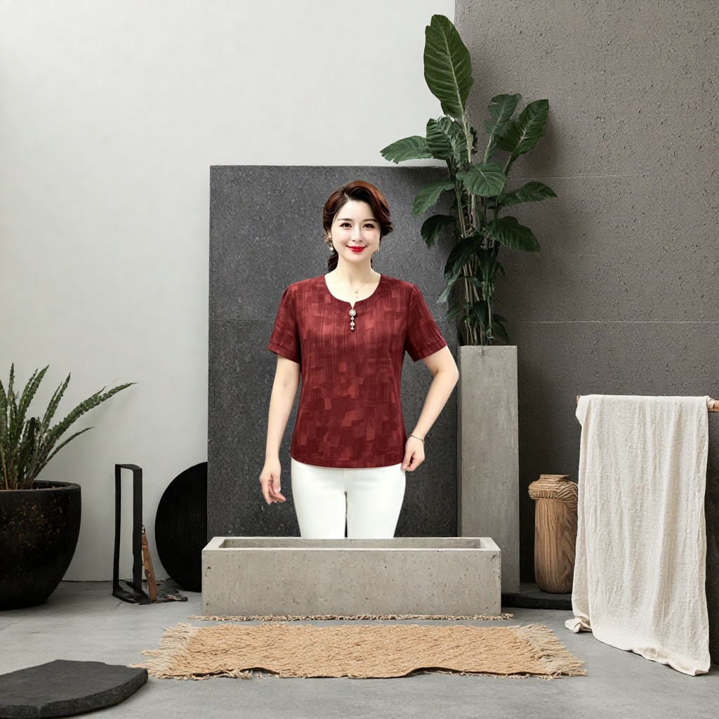 Wine red short-sleeved top for women in summer, middle-aged and elderly women's clothing Specification image