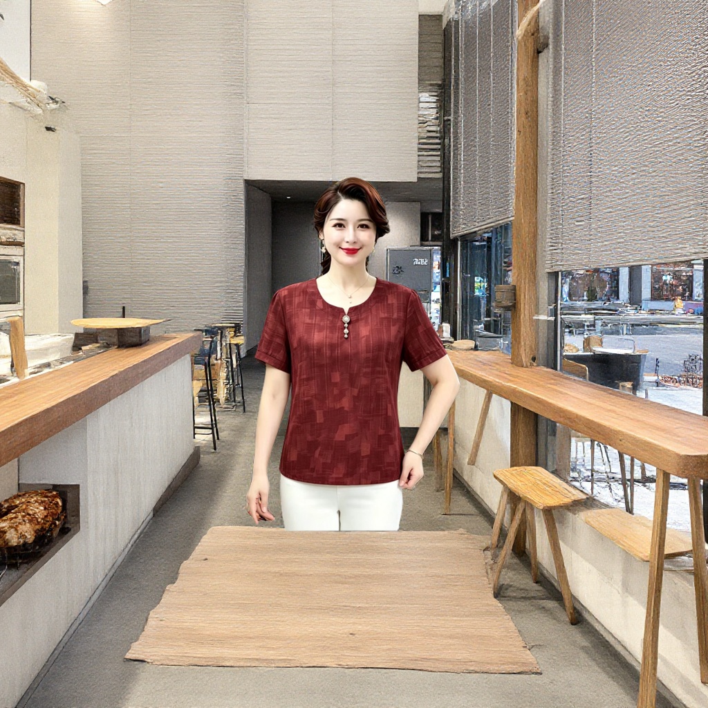 Wine red short-sleeved top for women in summer, middle-aged and elderly women's clothing details Picture