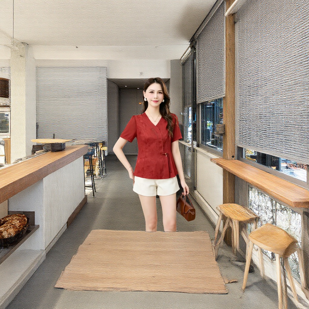 A red V-neck short-sleeved Chinese-style top details Picture