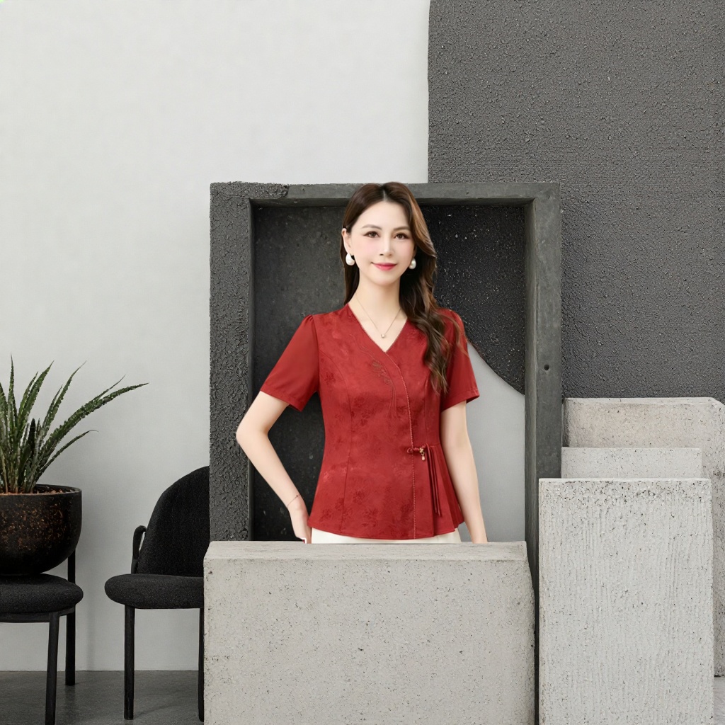 A red V-neck short-sleeved Chinese-style top Specification image