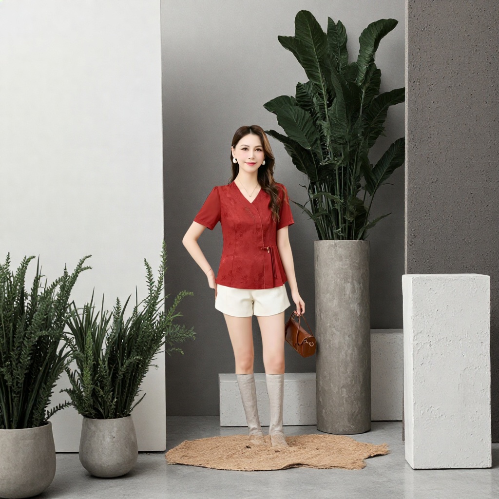 A red V-neck short-sleeved Chinese-style top Application Scenario