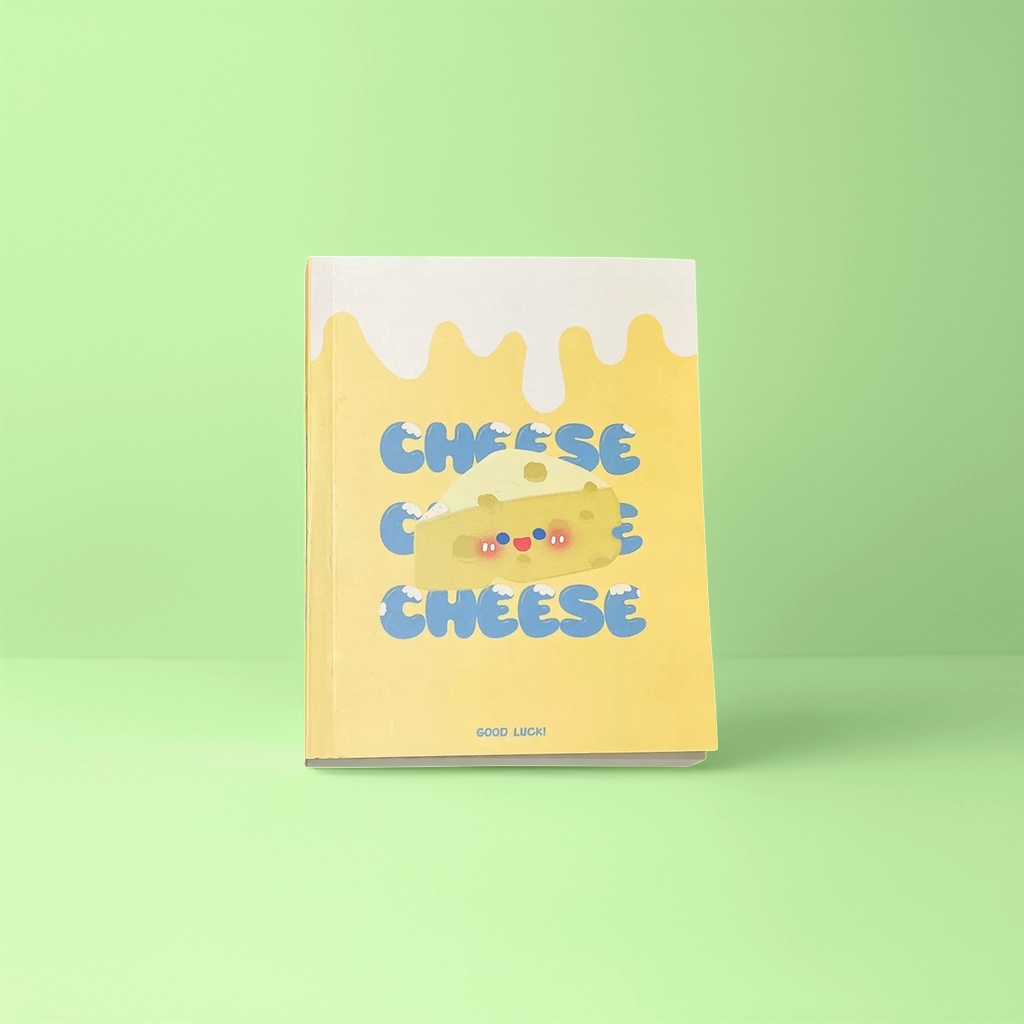 黄色封面卡通奶酪图案笔记本 CHEESE字样 白色奶酪滴落 GOOD LUCK