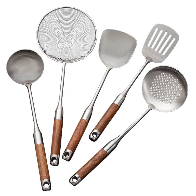 Stainless steel kitchenware set with strainer, soup spoon, spatula, wooden handle, black countertop, broccoli, mushrooms and garlic Item Picture
