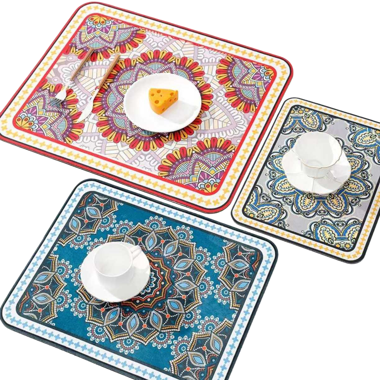 Colorful mandala pattern placemats, eco-friendly PVC material anti-slip and waterproof desktop protective pads Item Picture