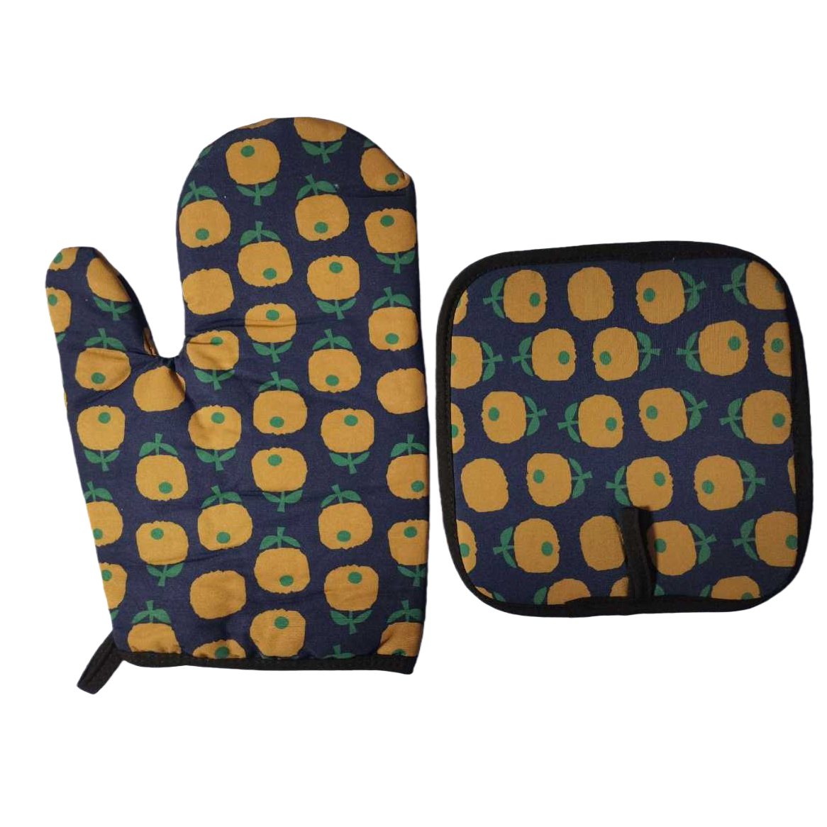 Deep blue background with orange fruit pattern heat-resistant gloves and heat-resistant pads Item Picture