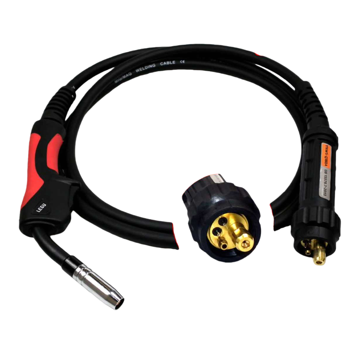 Black welding torch cable with red and black handles and golden interfaces Item Picture