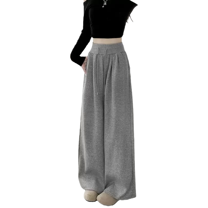 Light grey high-waisted wide-leg pants, the same style of flowing and slimming casual trousers for female models Item Picture