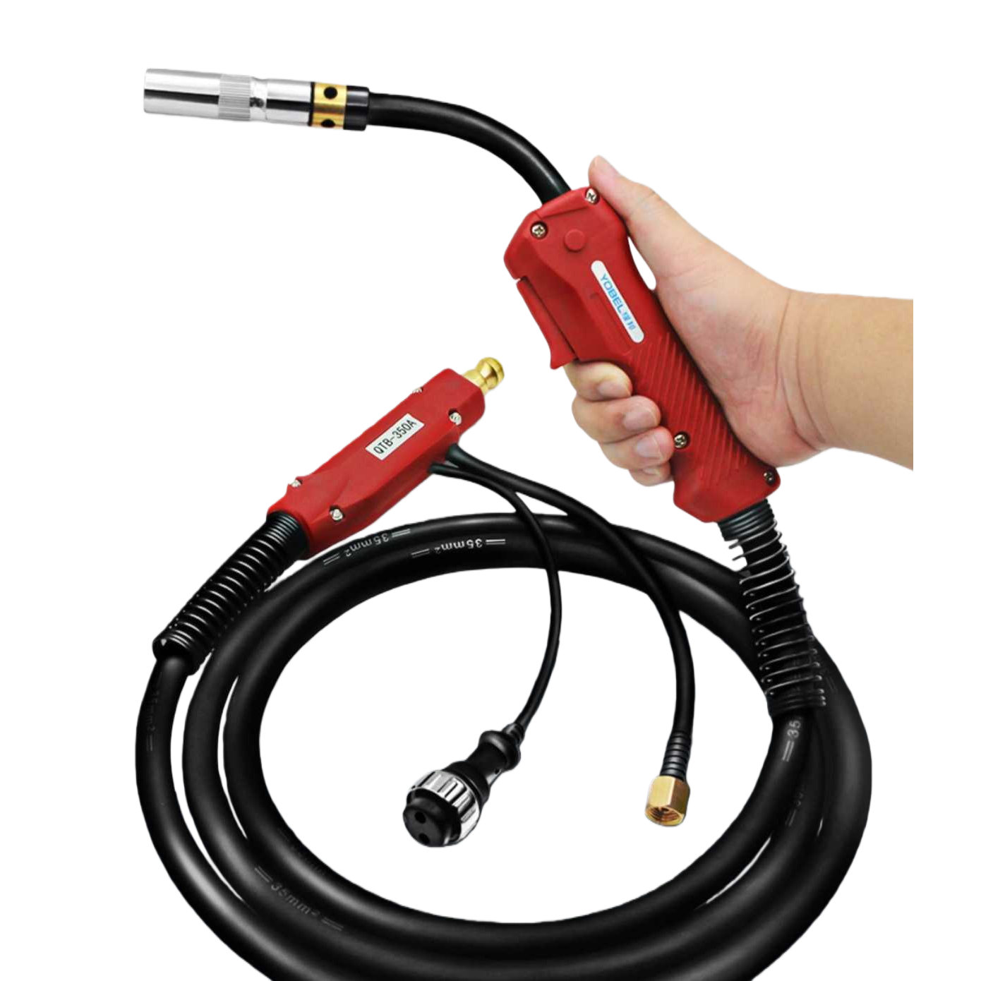 Red welding torch with black cable, specially designed for handheld operation Item Picture